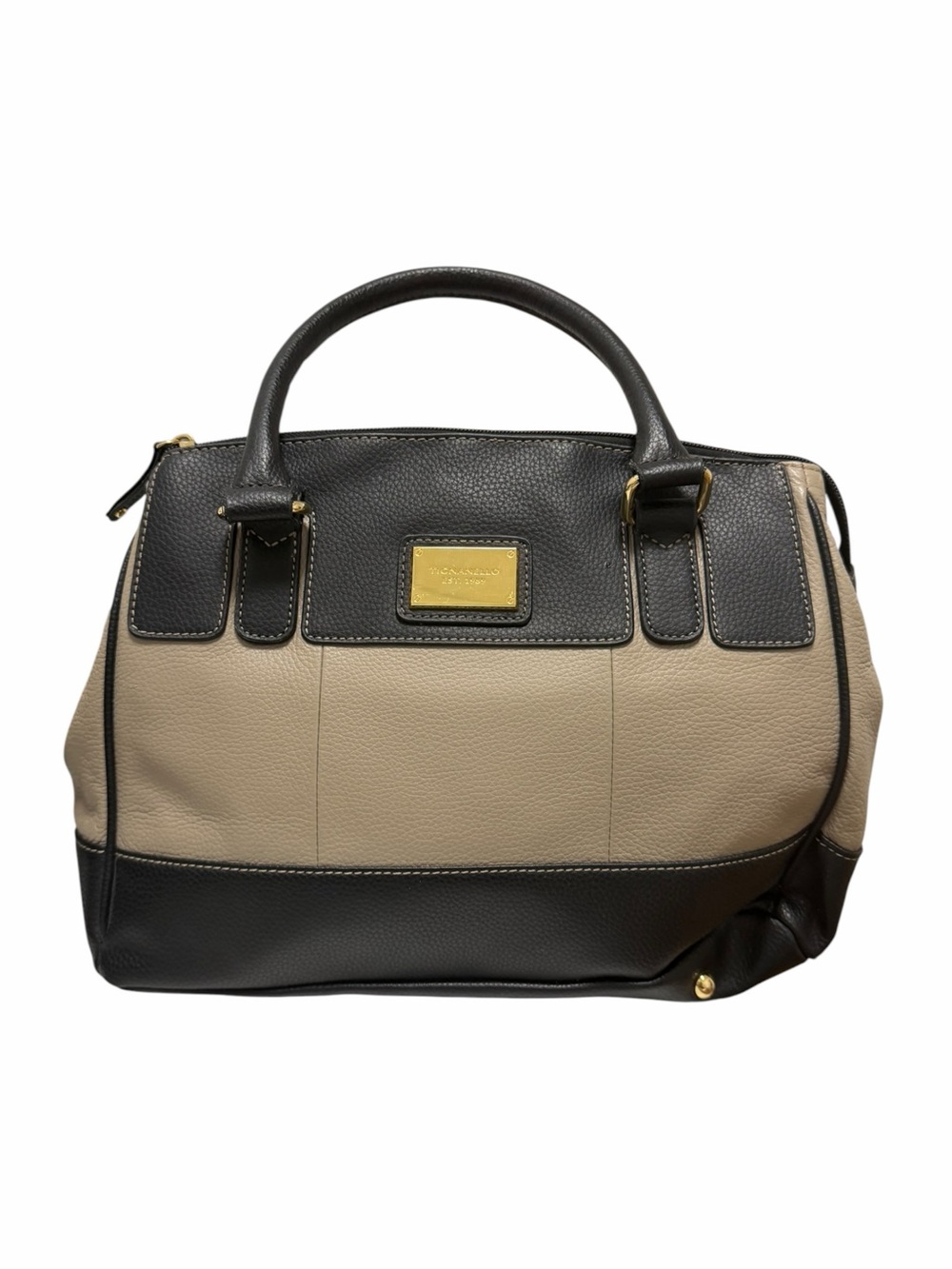 Tignanello Black/Taupe Color Block Leather Satchel Handbag